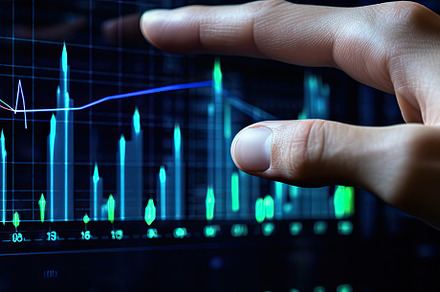 Finger touching data graph chart dis, a Photo by SaroStock