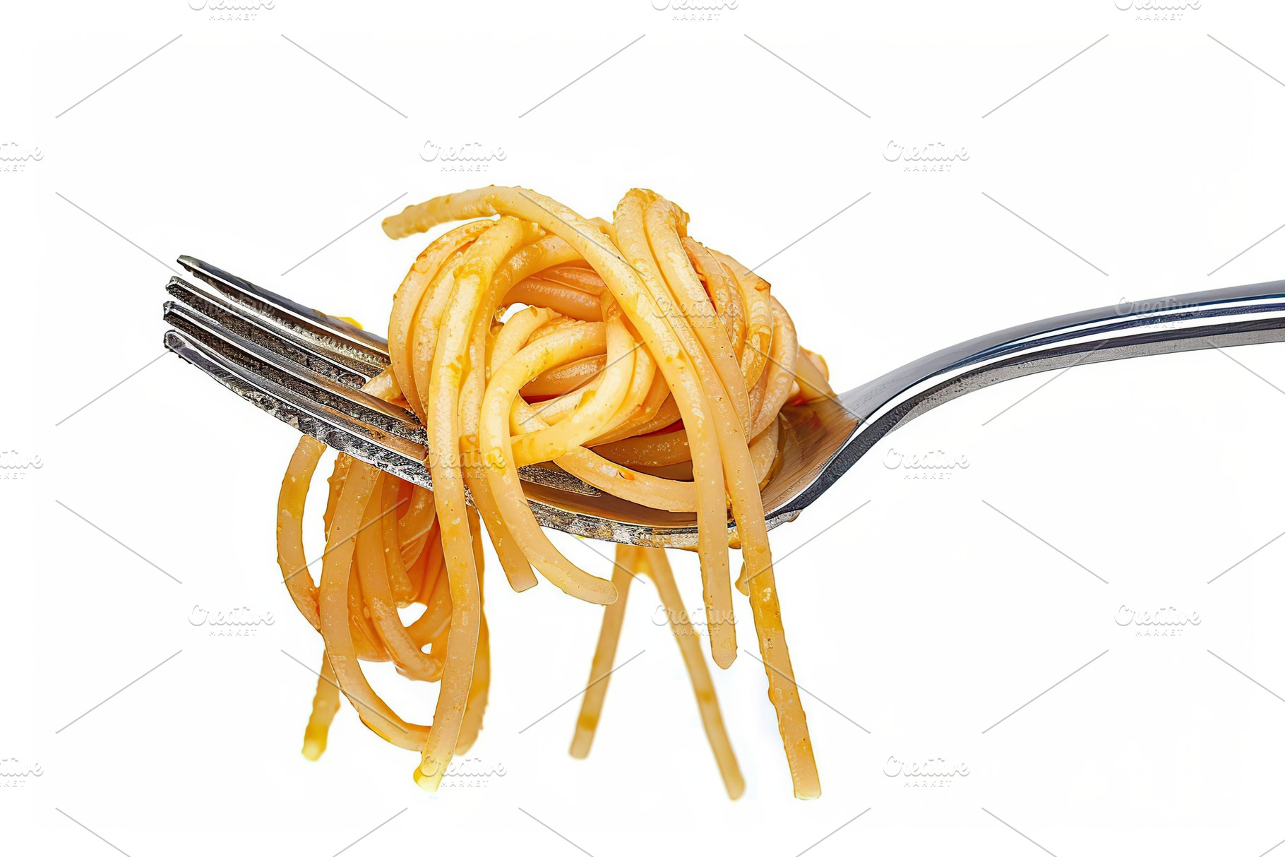 Spaghetti rolled on a fork on white background, a Food & Drink Photo by AlyaAnd