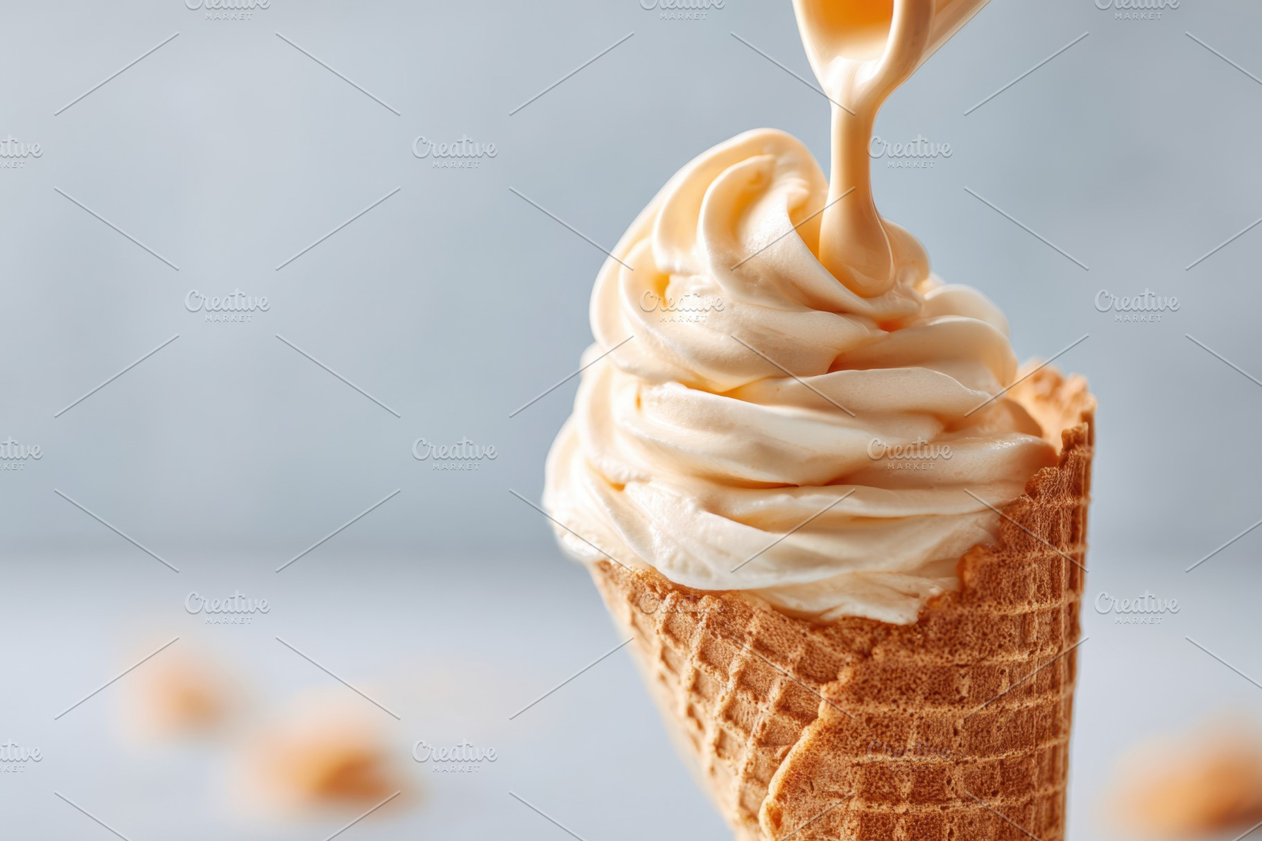 Close-up of creamy ice cream in a waffle cone, a Food & Drink Photo by AlyaAnd