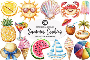 Watercolor Summer Cookies Clipart, an Illustration by SinaCreation