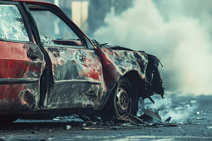 Burnt-out car wreck in urban setting, a Photo by Tanuart