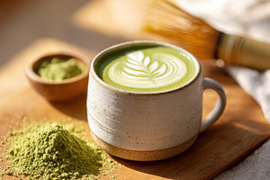 Matcha tea with latte art and bamboo whisk, a Food & Drink Photo by AlyaAnd