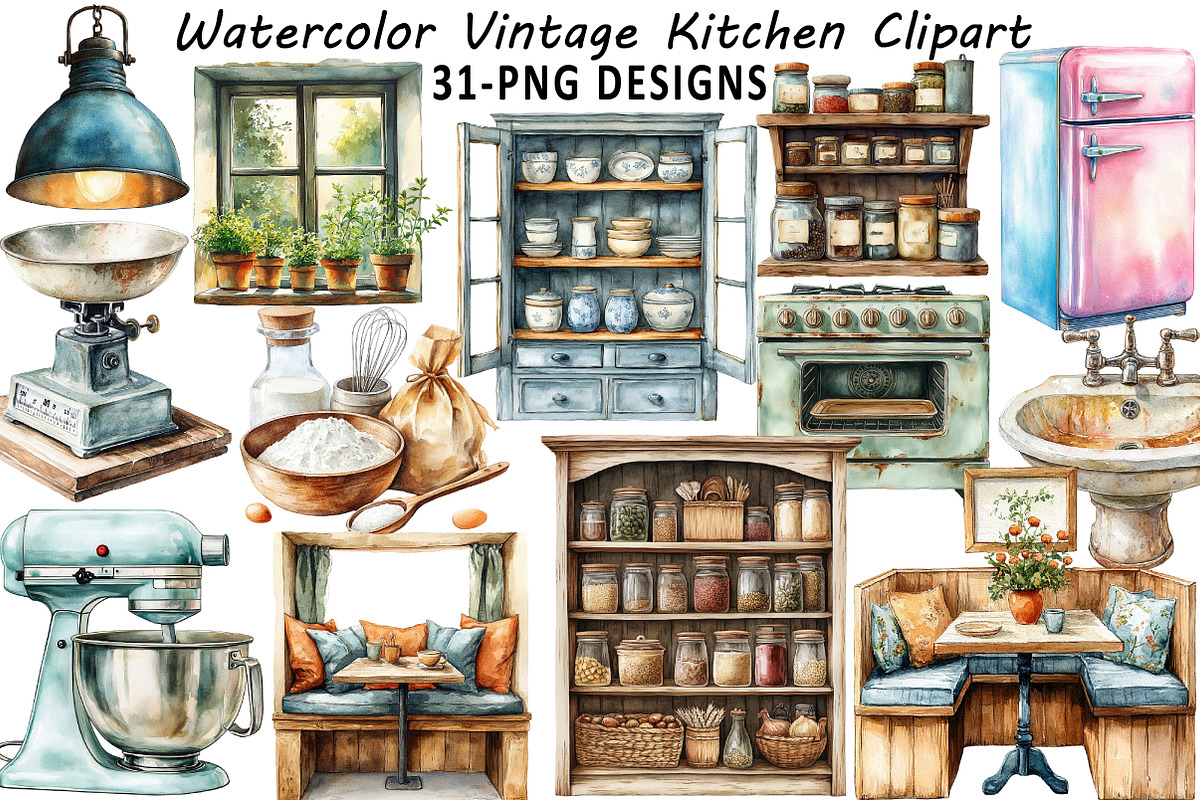 Watercolor Vintage Kitchen Clipart, an Illustration by Daily.Designs (Photo 1 of 7)