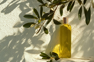 Olive oil bottle with tree branches casting shadows on white wal, a Photo by Studio ANNA