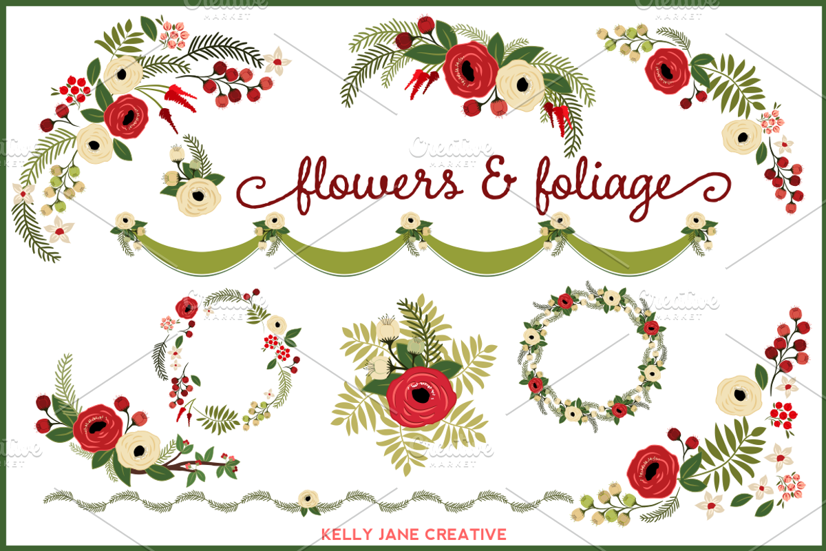 Christmas Flowers & Wreaths - vector, an Illustration by Kelly Jane Creative