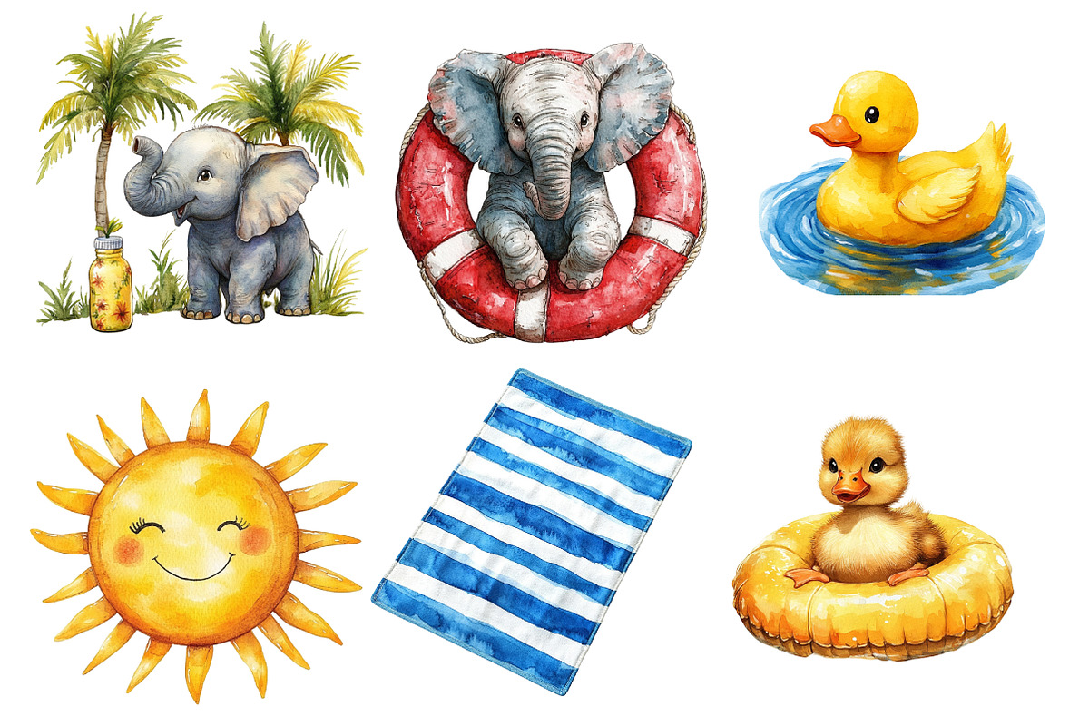 Cute Pool Party Watercolor Clipart, an Illustration by Designworld (Photo 4 of 5)