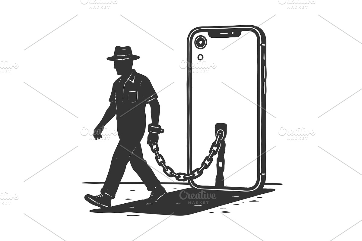 Man Chained to Giant Smartphone, a Technology Illustration by AlexArt