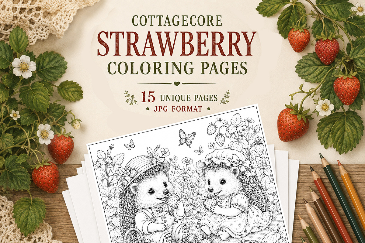 15 Strawberry Forest Coloring Pages, an Animal Illustration by NataliMiasStore (Photo 1 of 3)