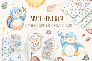 Space Penguin Clipart & Patterns, a Pattern Graphic by Lagniappe Art