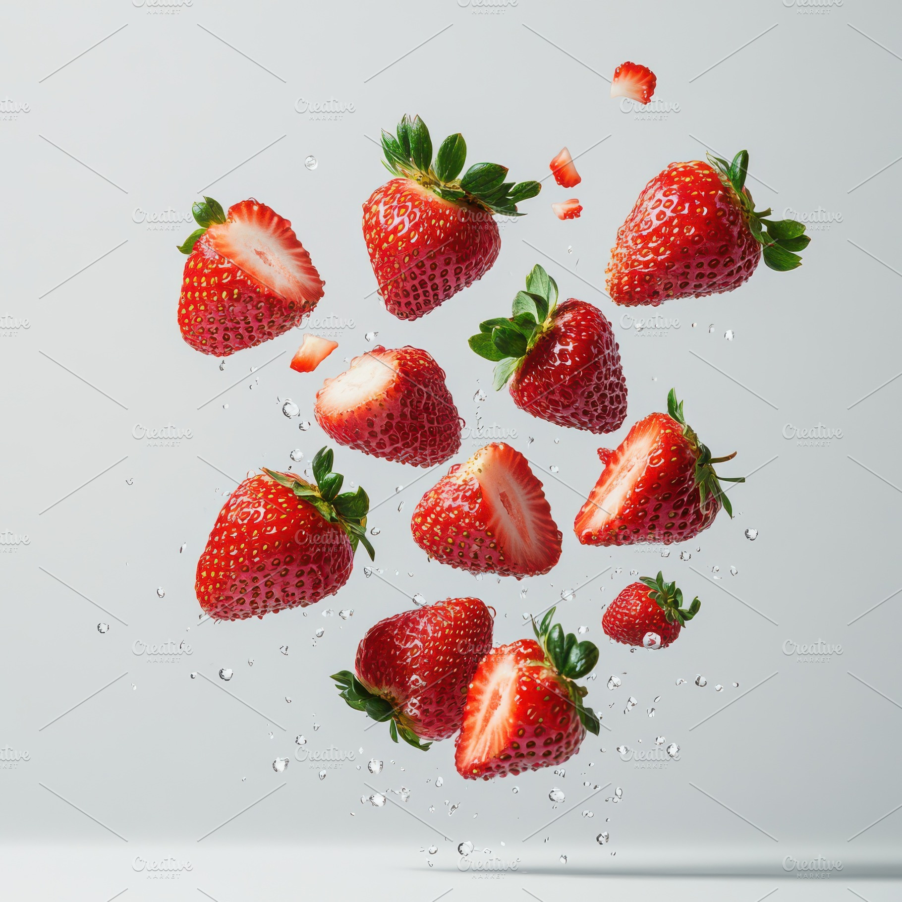 Realistic strawberries flying in the, a Food & Drink Photo by Pixeness Studio