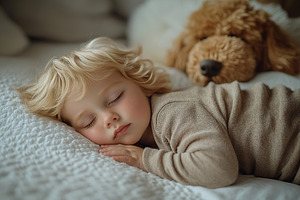 Little child boy and dog sleeps in a crib, a Person Photo by AlyaAnd