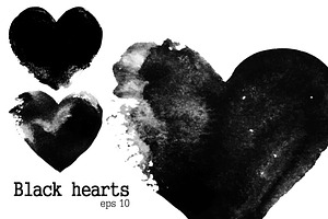 Set Of Black Watercolor Hearts