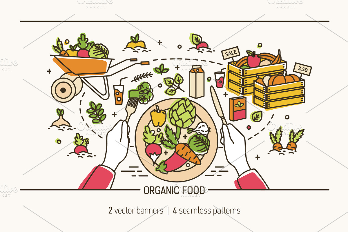 Organic food banner, pattern, a Food Illustration by Good Studio (Photo 1 of 10)