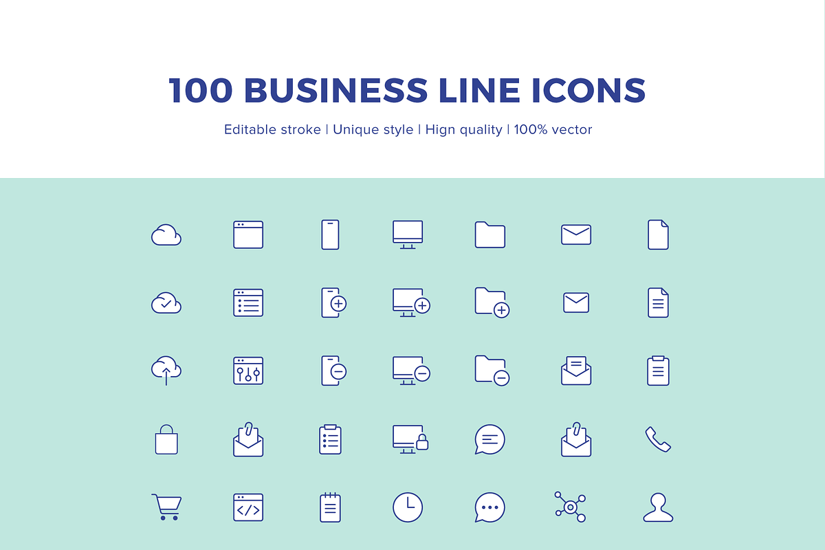 100 Business Line Icons, an Outline Icon by fidjei (Photo 1 of 2)