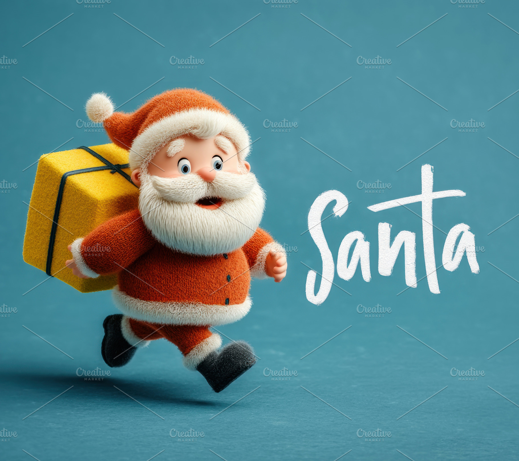 Cute cartoon Santa Claus running with yellow gift box on blue ba, a Holiday Photo by José Manuel Gelpi