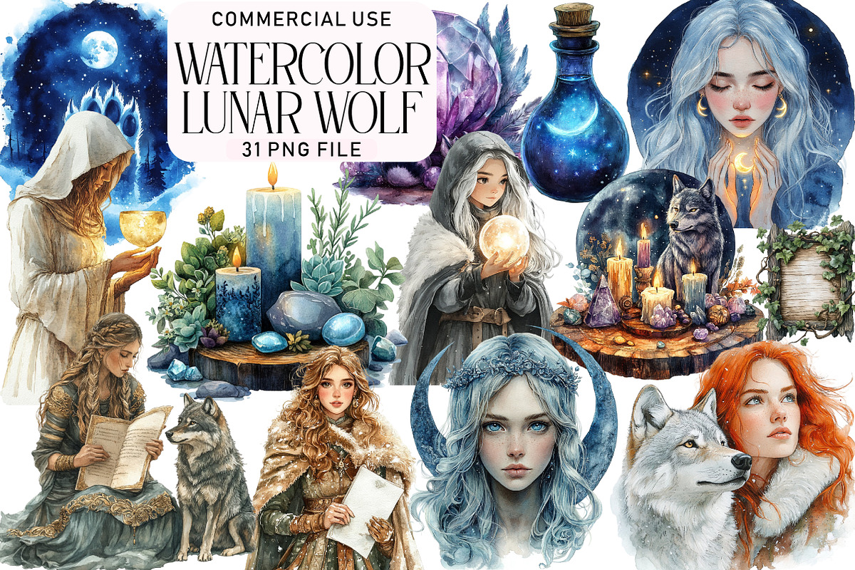 Watercolor Lunar Wolf Maiden Clipart, an Illustration by Daily.Designs (Photo 1 of 5)