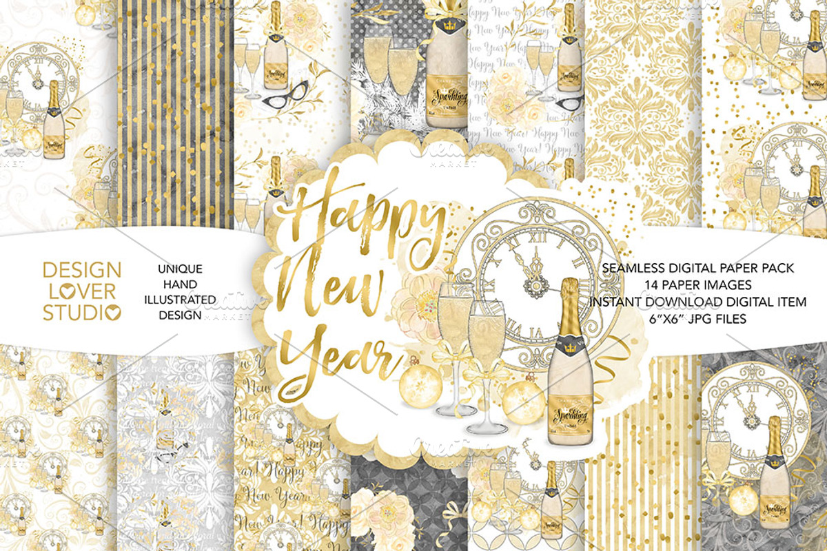 Happy New Year digital paper pack, a Pattern Graphic by designloverstudio