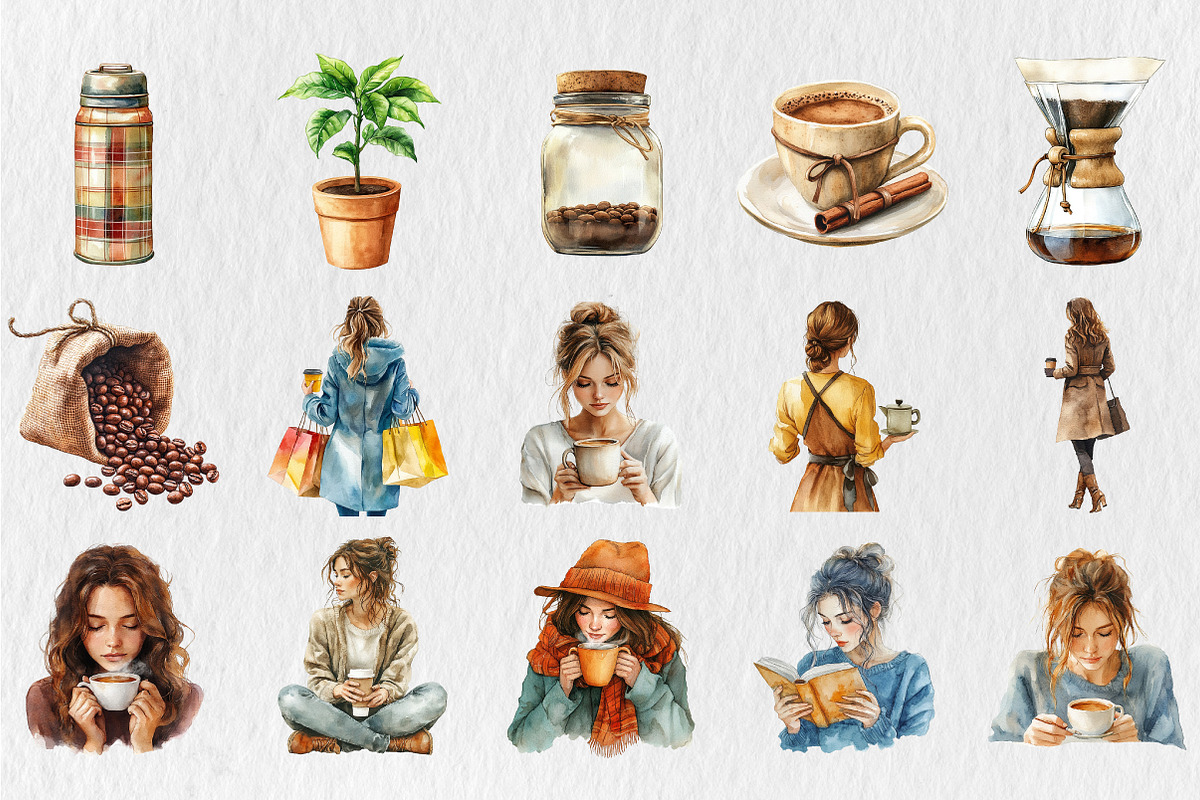 Coffee Lover Watercolor Clipart, a Seasonal Illustration by Rose Art (Photo 2 of 4)