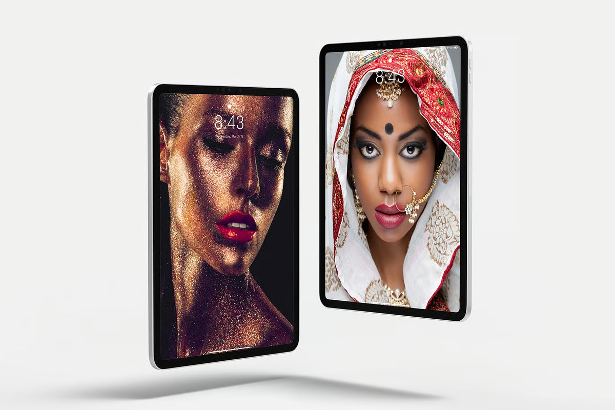 Two Standing iPad Pro Screens Mockup, an iPad Mockup by DesignRushMarket (Photo 1 of 2)