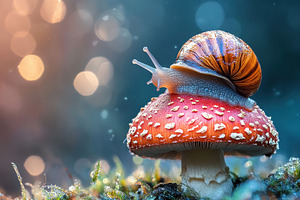 Cute snail rests on a mushroom, a Photo by Pavel_design