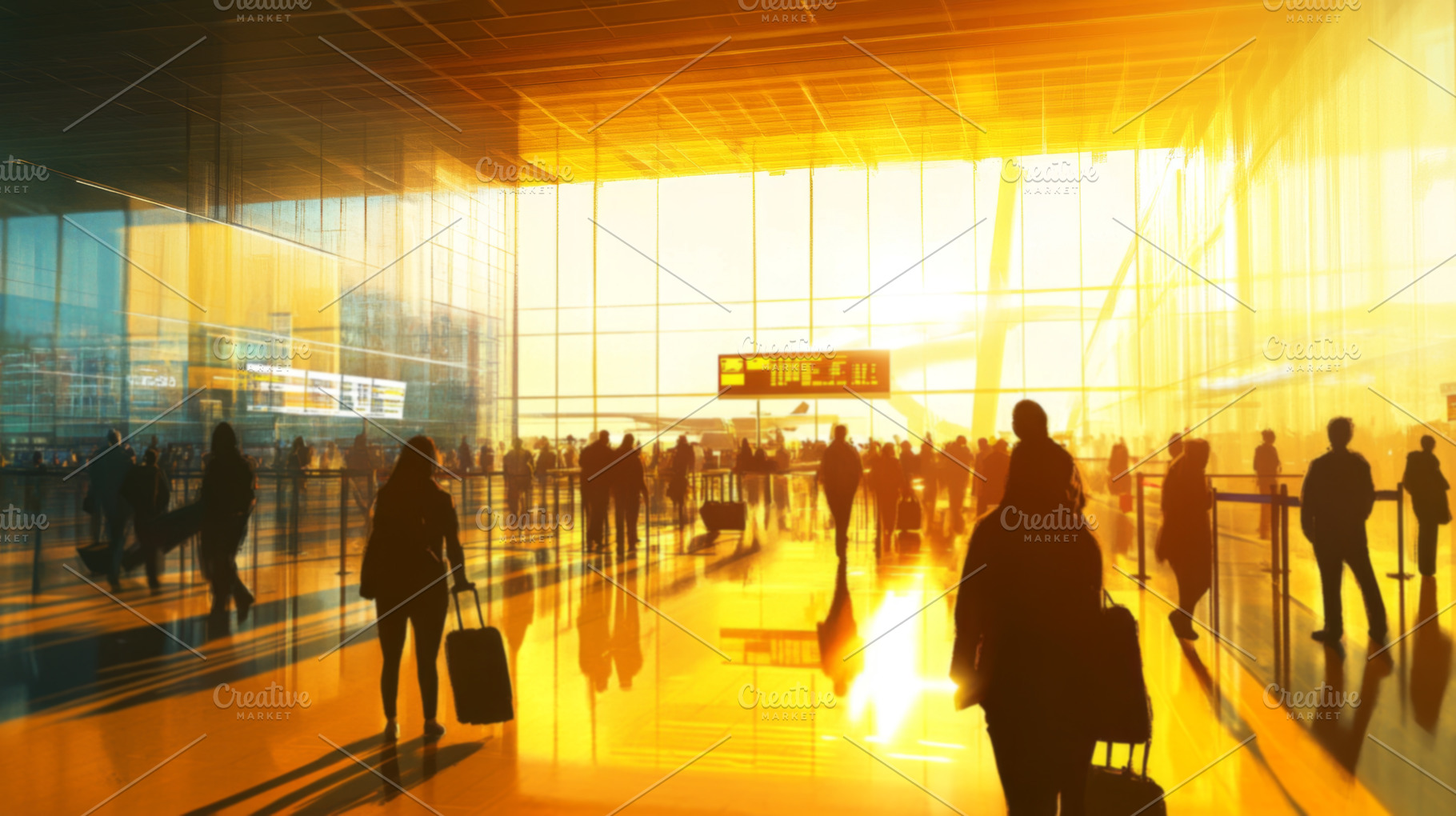 Busy Airport Terminal at Sunset with Silhouetted Travelers, an Abstract Photo by Natalia Klenova's Shop