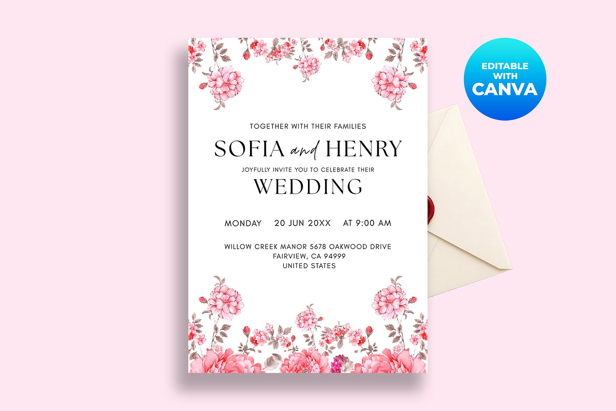 Pink Floral Wedding Invite Template, an Invitation Template by M9 Design (Photo 1 of 5)