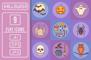 Set Of 9 Halloween Flat Style Icons.