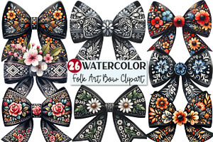 Folk Art Black Bow Flowers Clipart, an Illustration by Rose Art