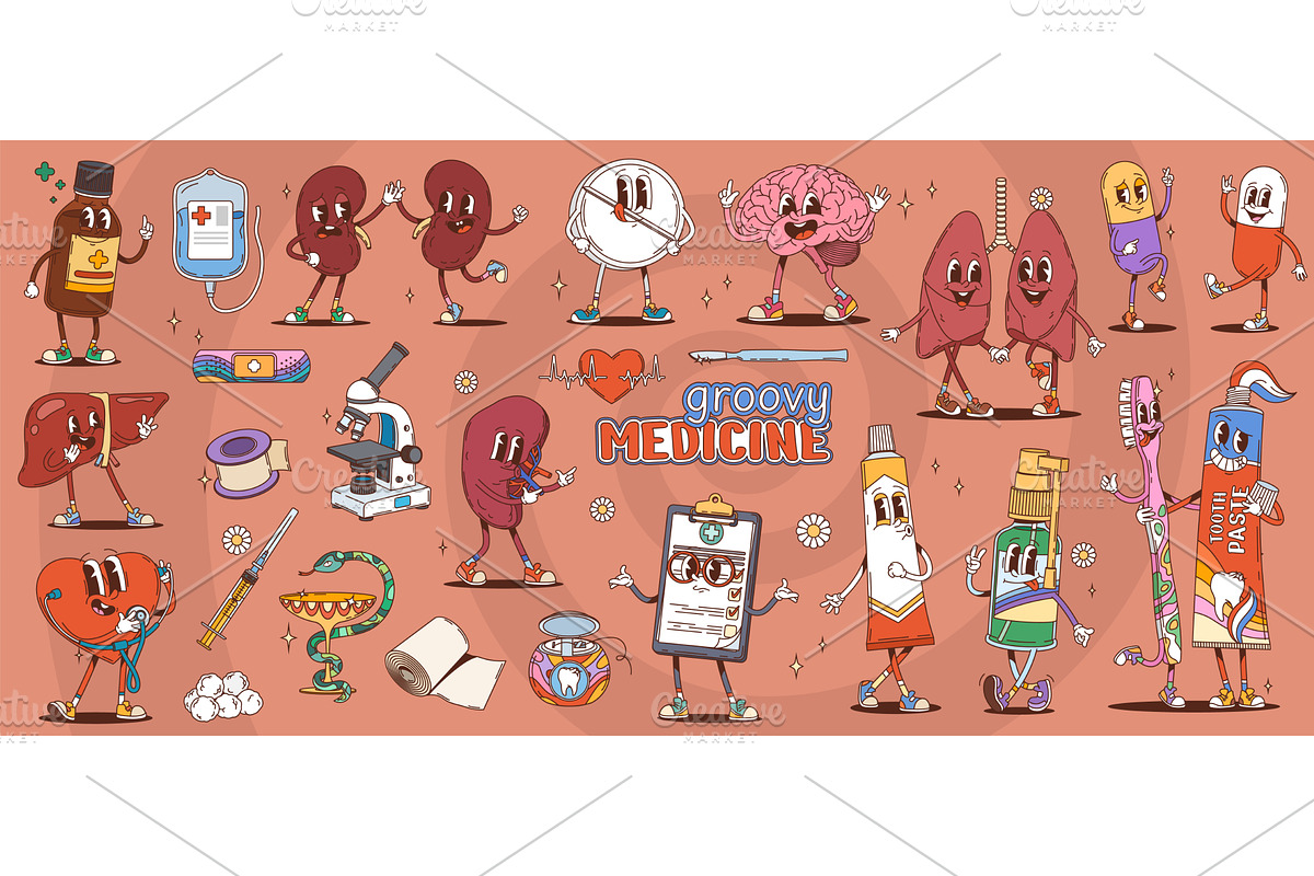 Cartoon groovy medicine characters, a Healthcare Illustration by Buch&Bee