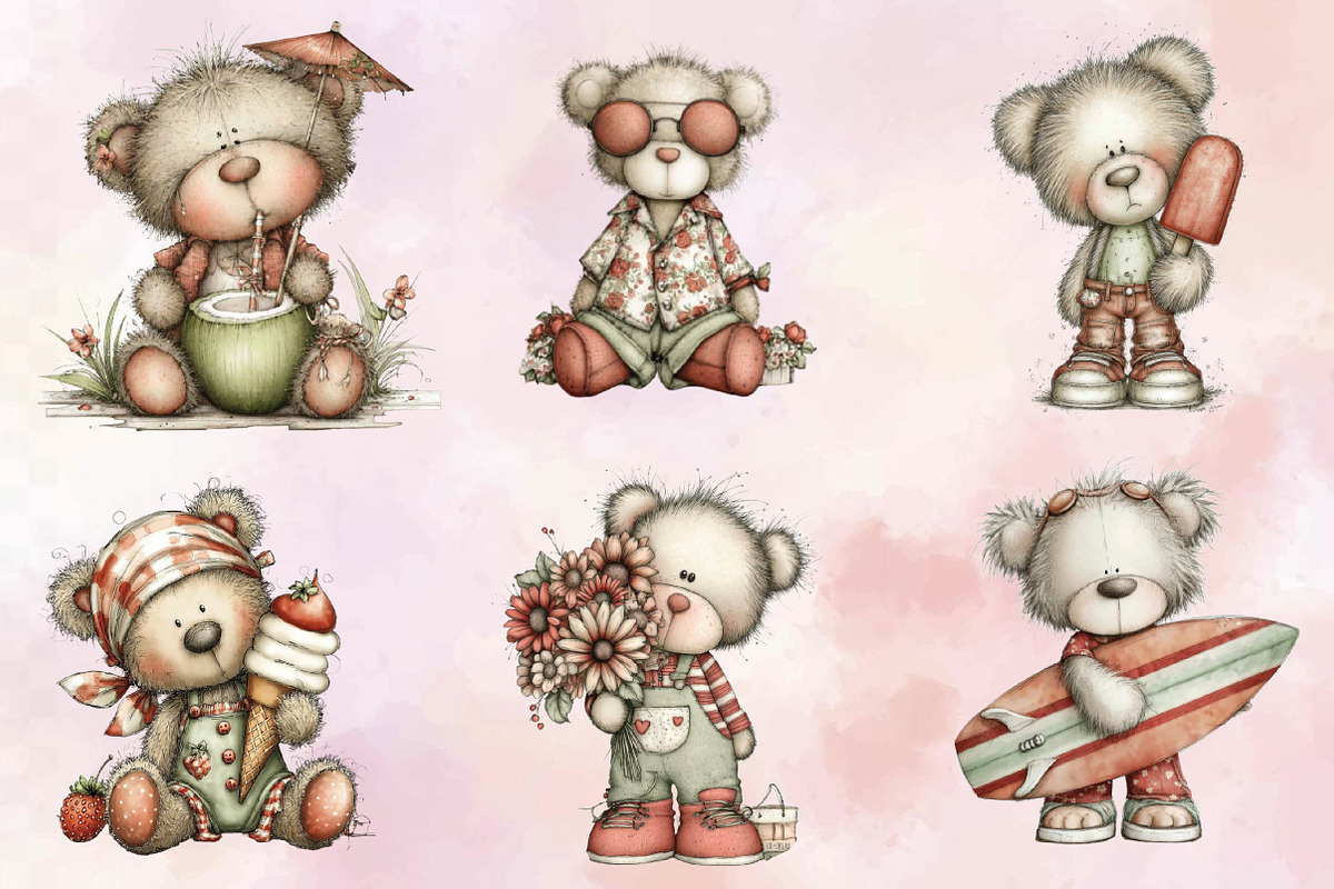 Watercolor Summer Teddy Bear Clipart, an Illustration by SVGArt (Photo 5 of 9)
