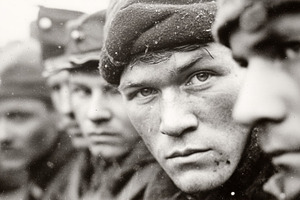 Soviet Red Army infantry soldiers close up portrait during wartime in gritty bl, a Photo by AS photostudio