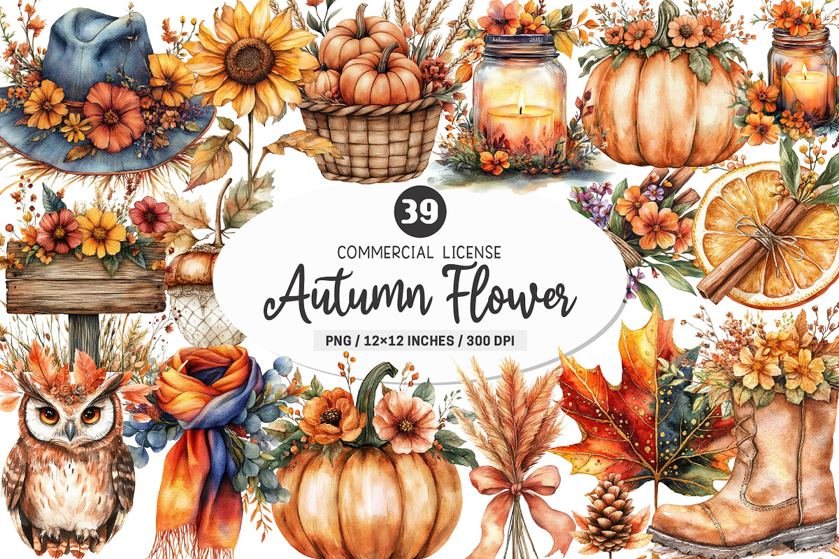 Watercolor Autumn flower Clipart, an Illustration by SinaCreation (Photo 1 of 5)
