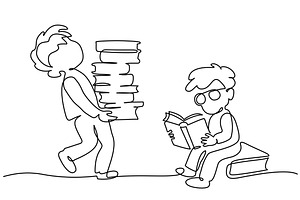 Two boys pupils sitting and standing, an Education Illustration by Valenty