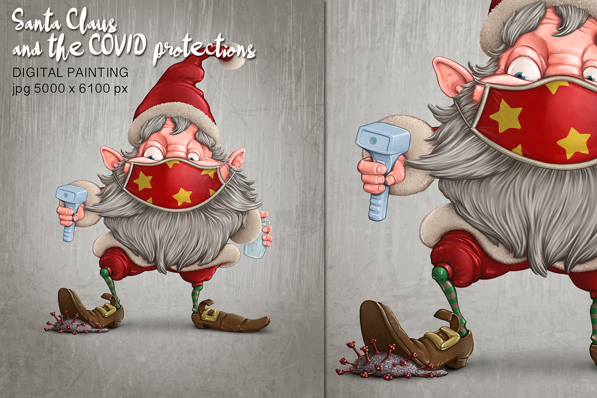 Santa Claus with COVID protections, a Seasonal Illustration by Giordano Aita Graphics