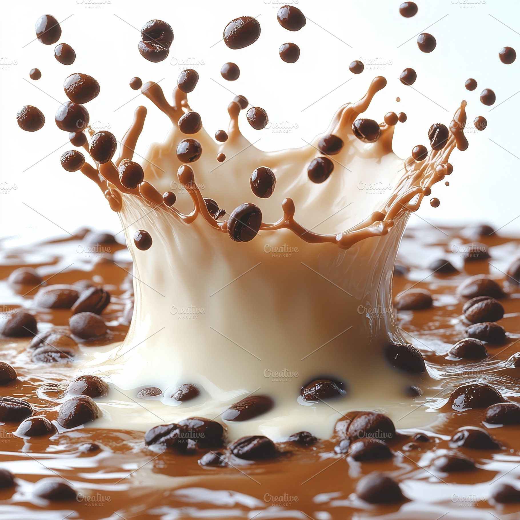Cream splashing into coffee beans de, a Food & Drink Photo by Pixeness Studio