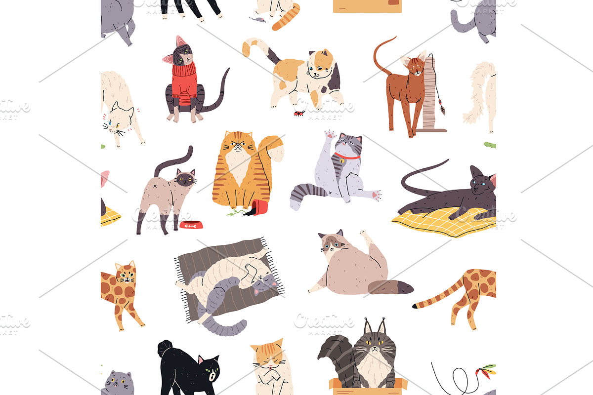 Cute cats seamless pattern. Repeated, an Animal Illustration by YummyBuum