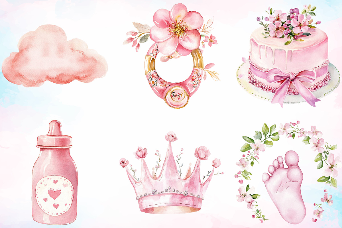Watercolor Pink Baby Shower Clipart, an Illustration by Canvas Craft (Photo 2 of 3)