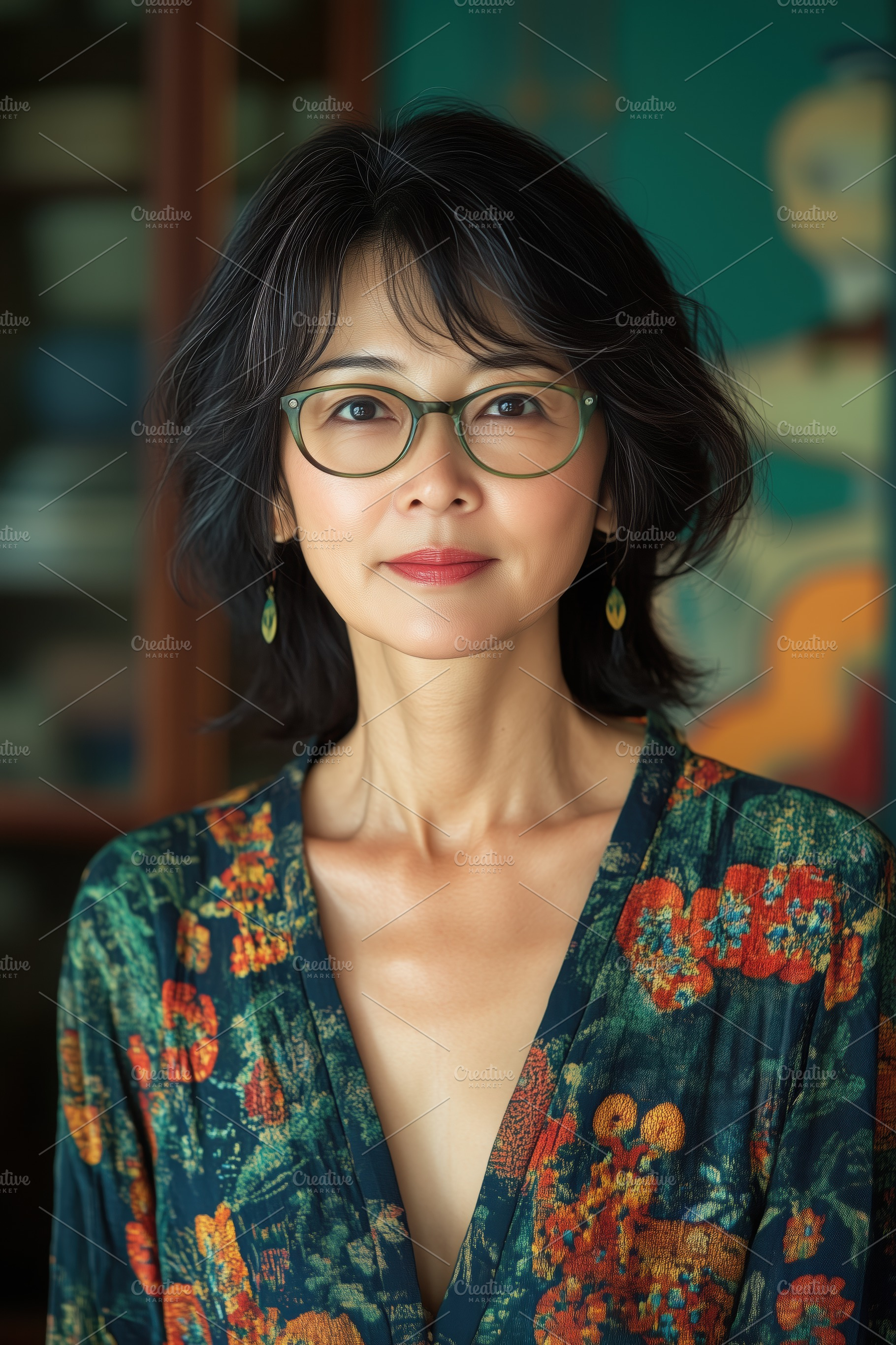Japanologist. A portrait of a woman with short, wavy black hair wearing glasses, a Person Photo by Textures & Backgrounds