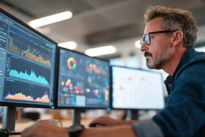 Man analyzes financial charts on multiple computer screens in a modern office e, a Business Photo by AlyaAnd