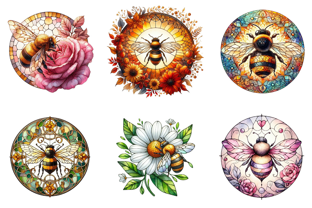 Bee with Flowers Round Stained Glass, an Illustration by DreamArtGraphic (Photo 4 of 4)