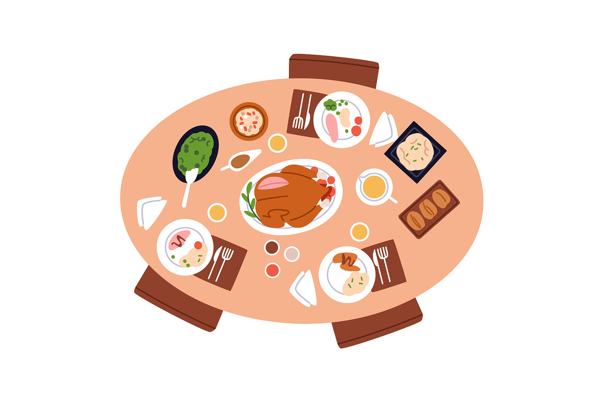 Food on dining tables, top view set, a Food Illustration by Good Studio (Photo 2 of 7)
