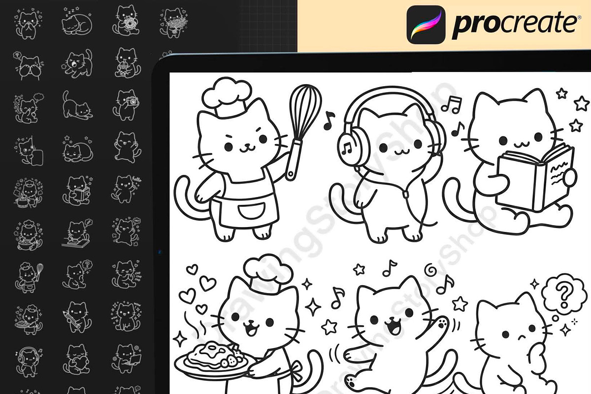 130 Procreate Cute Kawaii Cat Stamps, a Brush Add-On by DrawingStoryShop (Photo 3 of 6)