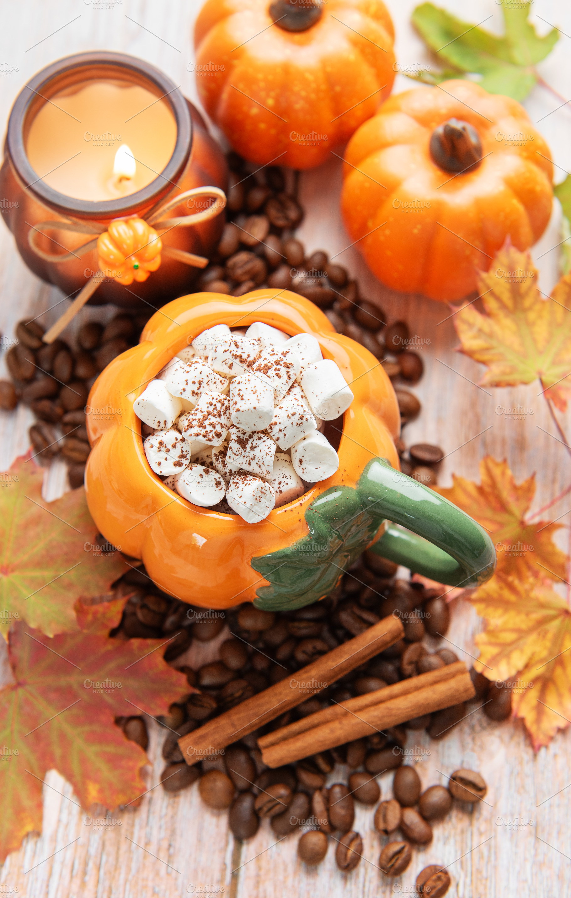Pumpkin shaped mug with hot chocolate and marshmallows, a Food & Drink Photo by Olena Rudo