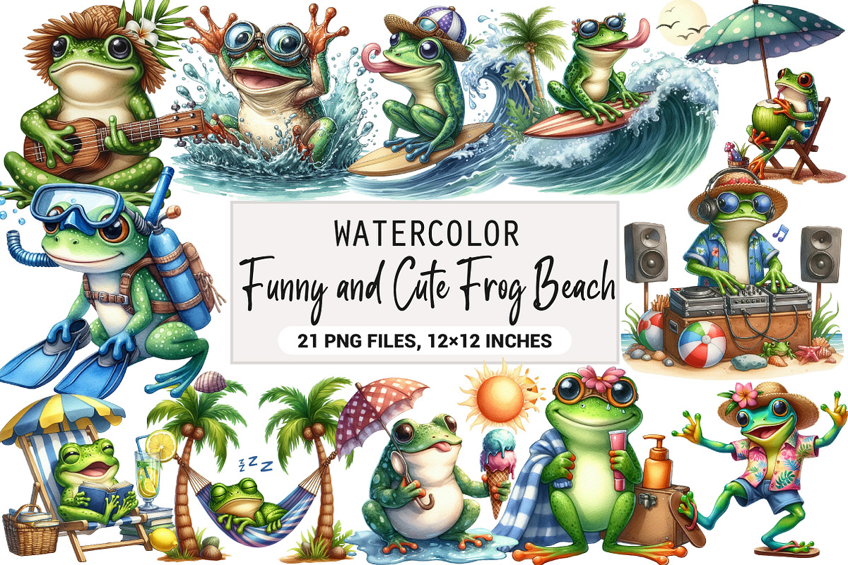 Funny and Cute Frog Beach Clipart, an Illustration by DreamArtGraphic (Photo 1 of 5)