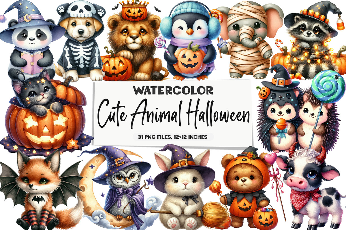 Cute Animal Halloween Clipart Bundle, an Illustration by DreamArtGraphic (Photo 1 of 5)