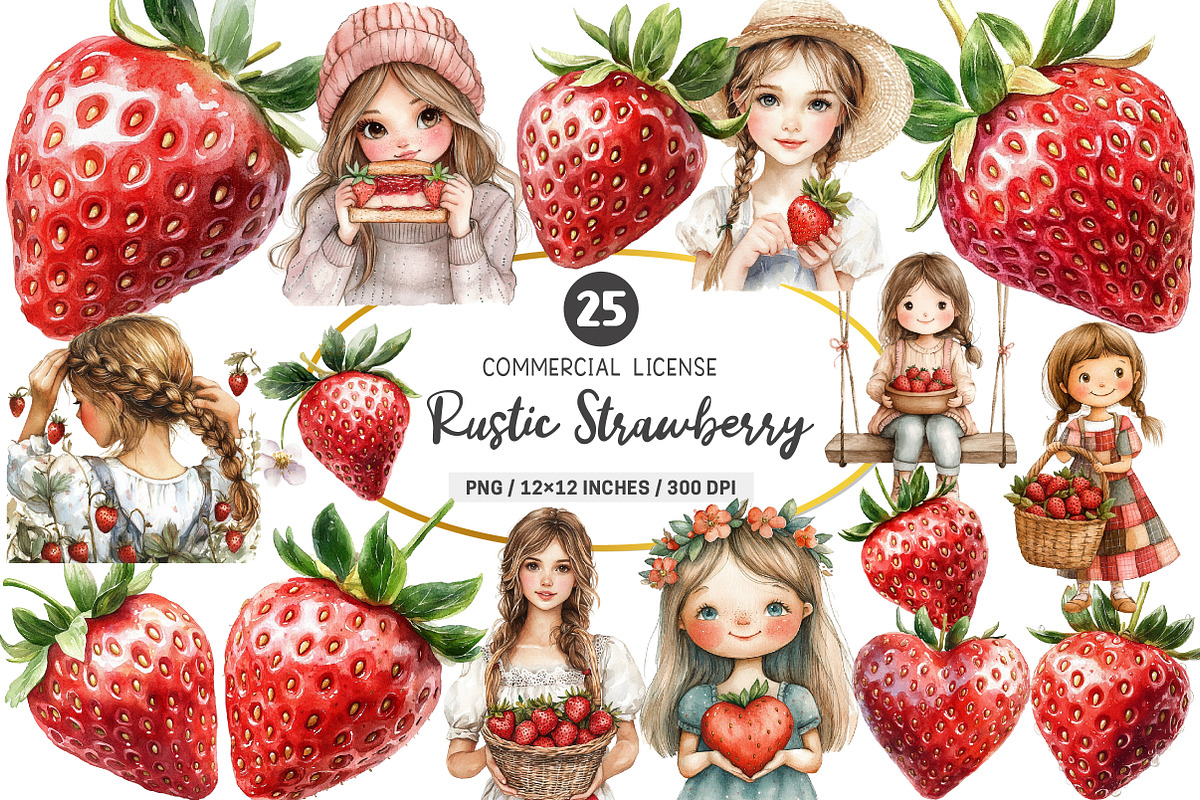Watercolor Rustic Strawberry PNG, an Illustration by SinaCreation (Photo 1 of 5)