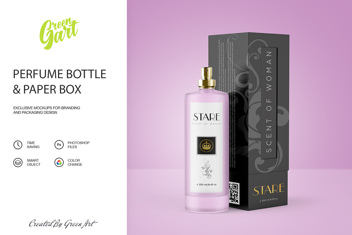 Perfume Bottle & Paper Box Mockup, a Product Mockup by Green Art (Photo 1 of 7)