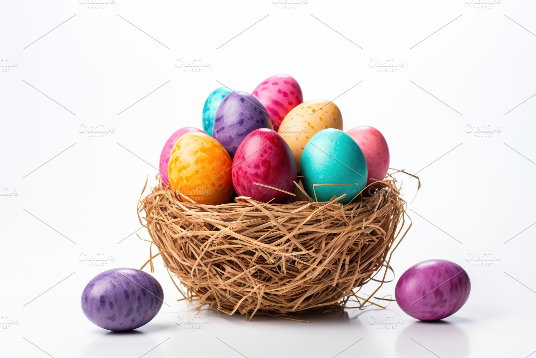 Basket with colorful easter eggs isolated on white background, a Holiday Photo by AlyaAnd