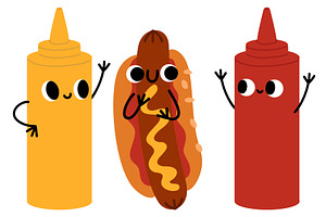 Cute cartoon hot dogs, ketchup and, a Food Illustration by Vectorbuum