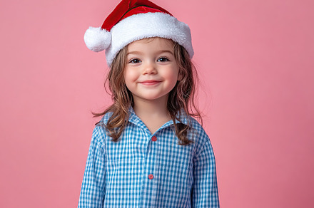 Smiling child girl in checkered pajamas and red santa hat, a Person Photo by AlyaAnd